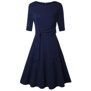 Elegant Audrey Hepburn Style Navy 3/4 Sleeve Midi A-Line Dress XXL - NWT